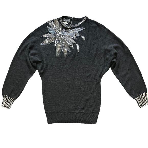 Rochelle Sweaters - Rochelle Women’s Sweater Black Floral Beaded Silk/Nylon/Rabbit Hair/Lamswool, M